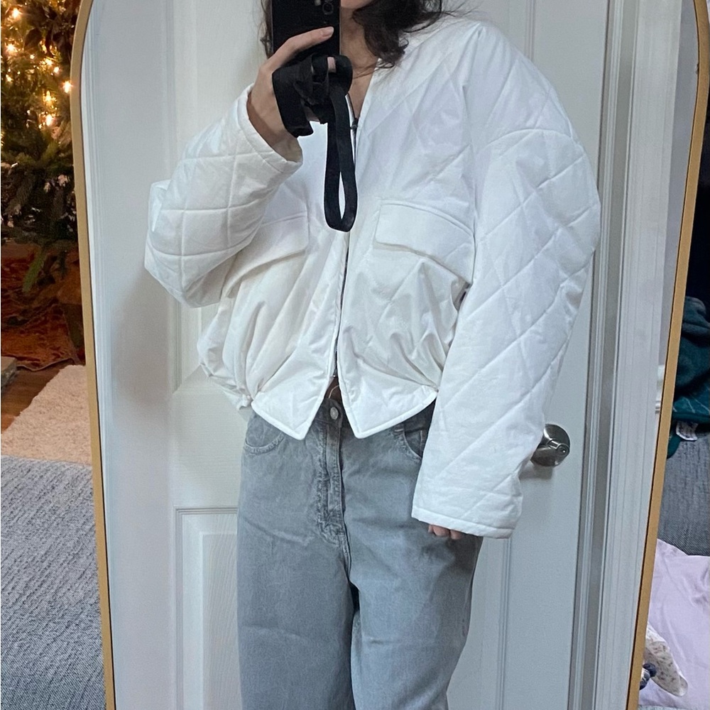 Free People White Bomber Jacket with Quilted Design and Cropped Fit